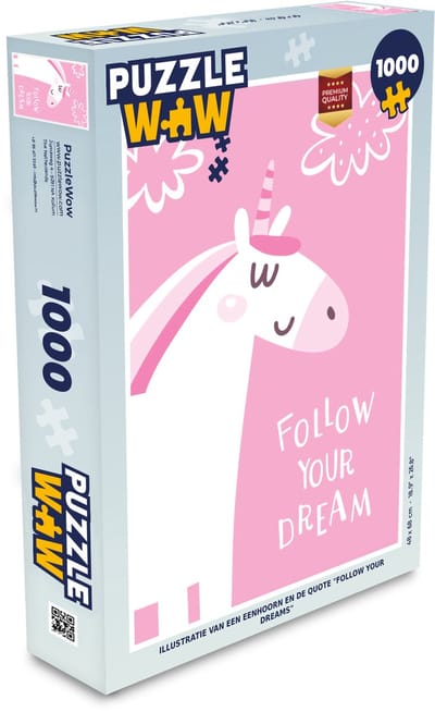 Puzzel Illustratie van een eenhoorn en de quote "Follow your dreams" - Legpuzzel - Puzzel 1000 stukjes volwassenen