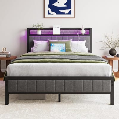 Bedframe met LED, oplaadstation, 140 x 190 cm, metalen tweepersoonsbed, logeerbed met lattenbodem en hoofdeinde