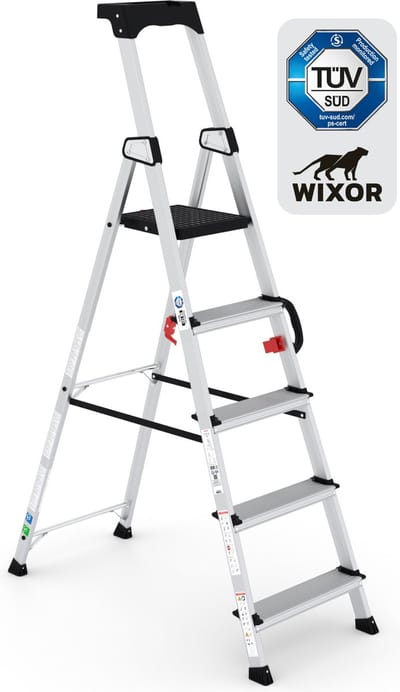Wixor Trapladder Handyman | Huishoudtrap 5 treden | Professionele trap | Enkel Oploopbare trap | Keukentrap | Trapladder | Tuv-gecertificeerd | EN131