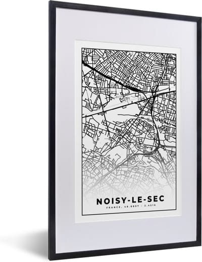 Fotolijst incl. Poster Zwart Wit- Stadskaart - Noisy-le-Sec - Plattegrond - Kaart - Frankrijk - Zwart wit - 40x60 cm - Posterlijst