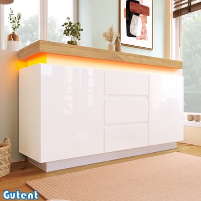 Gutent Ladekast - Hoogglans Dressoir - 2 deuren, 3 laden - LED Verlichting - 81 x 140 x 39 cm - Wit