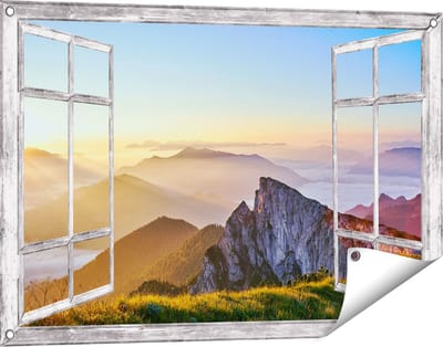 Gards Tuinposter Doorkijk Zonsopkomst in de Bergen in de Alpen - 90x60 cm - Tuindoek - Tuindecoratie - Wanddecoratie buiten - Tuinschilderij