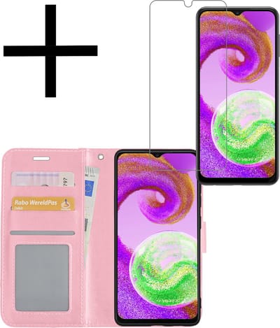 Hoesje - Met Screenprotector - Geschikt voor Samsung Galaxy A04s - Luxe Pasjeshouder - Bookcase Portemonee - Flip Case - Kunstleer Book Case - Flipcase - Book Cover - Walletcase - Portemonneehoes - Lichtroze