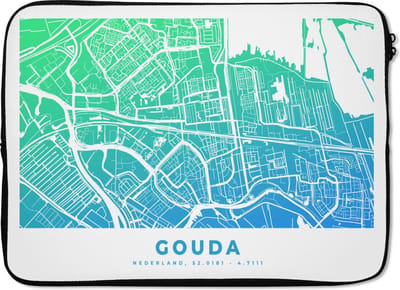 Laptophoes 13 inch - Stadskaart - Gouda - Blauw - Groen - Laptop sleeve - Binnenmaat 32x22,5 cm - Zwarte achterkant
