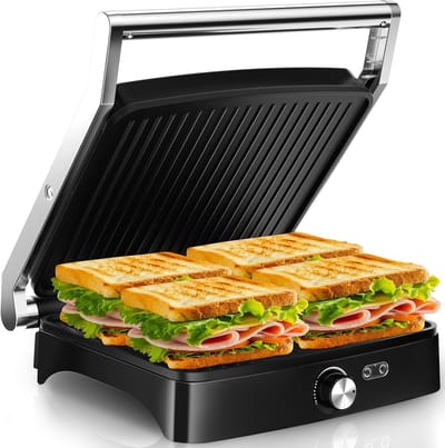 Contactgrill Sandwichmaker - Tafelgrill Panini - Snelle Maaltijden - 180 Graden Open - 31x35x9 cm - Zilver