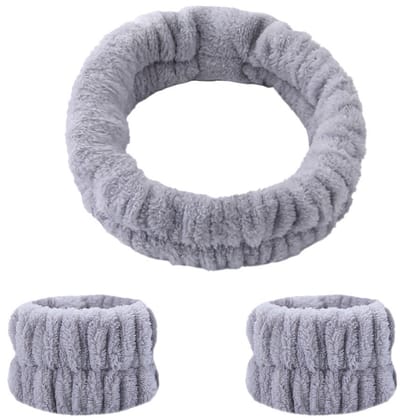 Ainy - Haarband en Polsbandjes Set Grijs - Hoofdband voor wassen gezicht - gemakkelijk tijdens gezichtsreiniging, gezichtsverzorging en make up sessie - Waterabsorberend en wasbaar