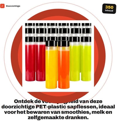Dailygoods- Sapflessen 20 stuks 350 ml - Herbruikbare Drinkflessen - Doorzichtige PET-plastic - Zwarte Deksels - Voor Smoothies en Dranken - Kwaliteitsproduct - Drankflessen