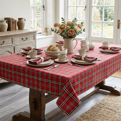 Vierkant Tafelkleed Castle – Rood Geruit – 100x100 cm – Schotse Ruit / Tartan / Kerst