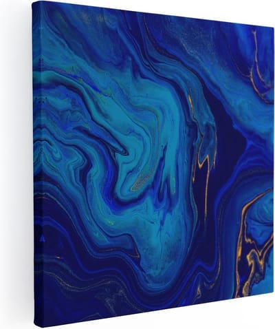 Artaza Canvas Schilderij Abstracte Kunst - 30x30 cm - Klein - Wanddecoratie Blauw - Muurdecoratie Goud - Kamer Accessoires