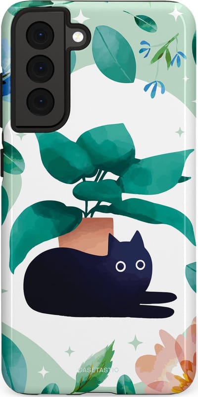Casetastic hoesje geschikt voor Samsung Galaxy S21 FE 5G - Dubbellaagse bescherming - Plantenkat - Fashion Case - Lichtgrijs Turquoise Wit Mintgroen
