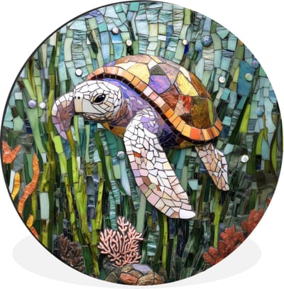 WallCircle - Wandcirkel - Muurcirkel - Schildpad - Zeewier - Mozaïek - Aluminium - Dibond - 30x30 cm - Binnen en Buiten