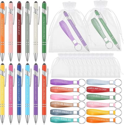 Motivatiepennen Set voor Collega's, Balpen met Inspirerende Teksten, Siliconen Sleutelhanger en Organza Zakje als Cadeau voor Werknemers en Leraren