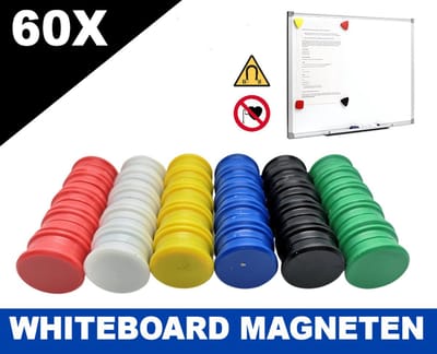 60 stuks sterke whiteboard magneten set 2,5cm rond, deze memo magneet in zes opvallende kleuren rood, wit, blauw, groen, geel en zwart