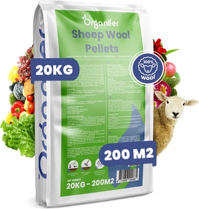Schapenwol Pellets - 20 Kg Voor 200 M² - Organische Meststof - Verbetert Op Natuurlijke Wijze De Plantengroei En De Bodemvruchtbaarheid - 100% Natuurlijke Meststof - Hoog Stikstofgehalte - Pesticidenvrij - Nk-Meststof 10,5 + 5,3 - Organifer
