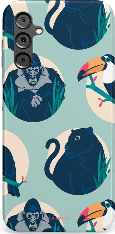 Casetastic hoesje geschikt voor Samsung Galaxy A14 (2023) 5G / Samsung Galaxy A14 (2023) 4G - Dubbellaagse bescherming - Wilde Dieren Mix - Fashion Case - Lichtgrijs Donkerblauw Crème Donkergrijs
