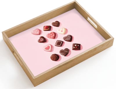 Dienblad hout 40x30 cm - Schootdienblad - Chocolaatjes - Hartvormig - Liefste - Borrelplank rechthoek - Plateau dienbladen