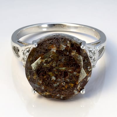 Cavill - Zilveren Ring met 8,15 ct Ronde Dinosauruskwarts en Cambodjaanse Zirkonia's - Elegante Prehistorische Edelsteen Ring Maat 16