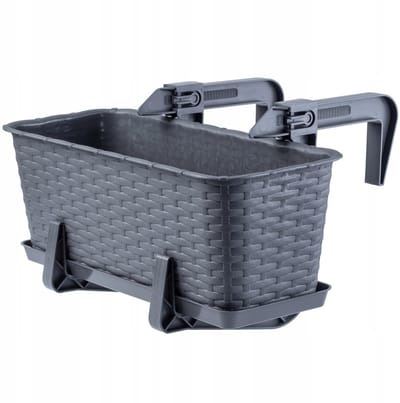 KADAX Balkonpot met onderzetter, plantenbak, balkonbak met wateropeningen, bloembak voor rozen, oleander, rotan imitatie (40 cm, met houders, grafiet)