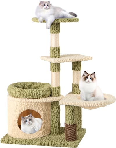 COSTWAY Krabpaal klein, kattenboom met platforms, kattenhol & hangmat & vachtverzorging, kattenkrabpaal hout en pluche, katten kattenmeubel klimboom, activiteitenboom, speelboom, groen