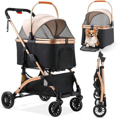 Deliqa hondenbuggy - kinderwagen voor honden en katten - tot 40 kg - inklapbaar - afneembare reistas en autostoel voor huisdieren - rose goud -