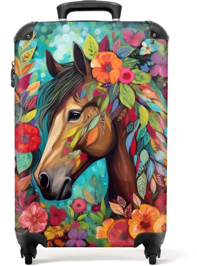 NoBoringSuitcases.com - Kinderkoffer - Paard - Bloemen - Schilderij - Natuur - Verf - Past binnen 55x40x20 cm en 55x35x25 cm - Handbagage - Trolley op wieltjes - Reiskoffer met wielen - Rolkoffer - Kindertrolley meisje - Koffer kinderen