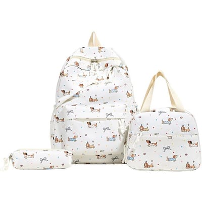 3 Stuks Kawaii Dachshund Schooltas met Handtas & Etui All-Match Schooltas Schattige Strik Rugzak Outdoor Rugzak white