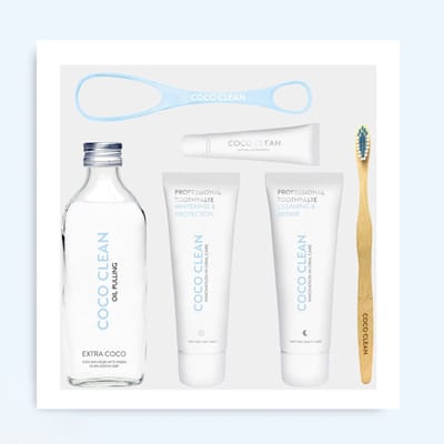 Coco Clean Perfect Smile Giftset – Mondwater, Dag & Nacht Tandpasta, Tongschraper & Tandenborstel – Cadeau