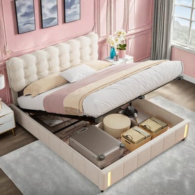 Opbergbed 140x200 cm beige fluweel met LED-verlichting, hydraulische opbergruimte en zacht gestoffeerd hoofdbord