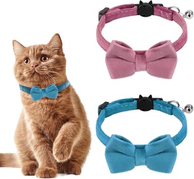 Verstelbare kattenhalsband met bel en strikje - 2 stuks, veilig voor katten, kittens en kleine puppy's, zachte stof, kleurrijk ontwerp