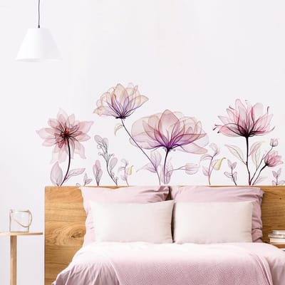 Roze Transparante Bloemen Muurstickers, Waterverf Bloembladeren en Takken Wanddecoratie voor Woonkamer, Slaapkamer en Kantoor, Verwijderbare Muurkunst voor Vrouwen en Meisjes