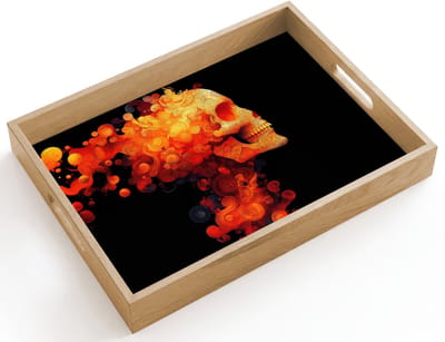 Dienblad hout 40x30 cm - Schootdienblad - Schedel - Oranje - Zijaanzicht - Vlammen - Borrelplank rechthoek - Plateau dienbladen