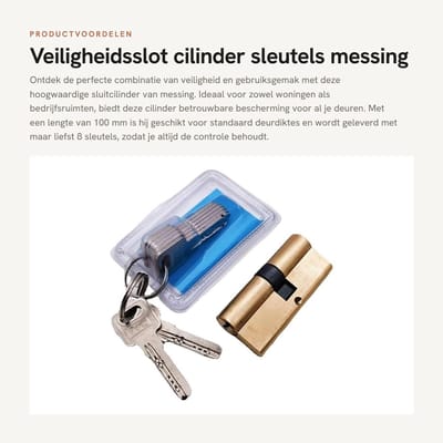Dailygoods- Veiligheidsslot cilinder 100 mm - Messing - 8 sleutels - Robuust - Nauwkeurig sluitsysteem - Lange levensduur - Deurslot