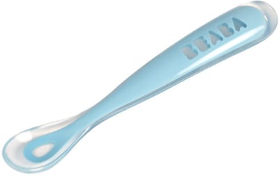 Béaba Eerste Maaltijd Lepel voor Baby - Siliconen - Blauw - Zachte Tuit - 16,5 cm