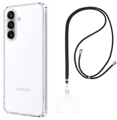 Set met hoesje en nekband voor Samsung Galaxy A37 5G - Flexibele, transparante TPU-bescherming, verstelbare universele nekband voor mobiele telefoons, zwarte nekband, transparante draagriem van Phonillico®
