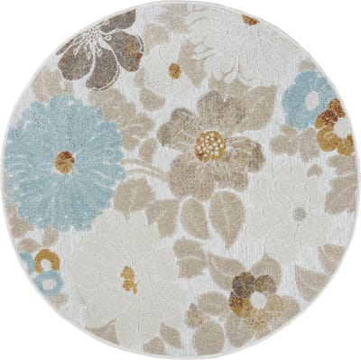 the carpet Porto – Outdoor tapijt, UV-bestendig & weerbestendig, ideaal voor balkon, terras & keuken, beige met bloemenmotief 120 cm rond
