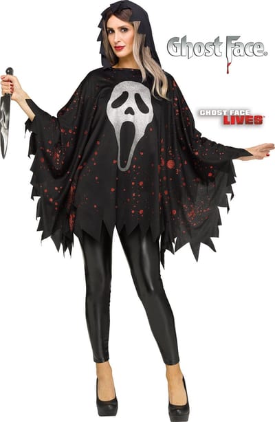 Fun World Ghostface Scream Kostuum Halloween Cape met Capuchon Ghostface Kostuum Halloween Kostuum Volwassenen - Officiële Licentie - Zwart - 1-Delig Poncho met Capuchon - Unisex - One Size (S-M-L) - Mes Niet Inbegrepen