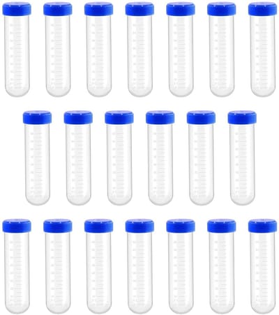 Set van 20 Plastic Proefbuizen van 50 ml met Schroefdoppen voor Laboratorium Experimenten, Geschikt voor Centrifuge, Ronde Bodem en Stepped Design