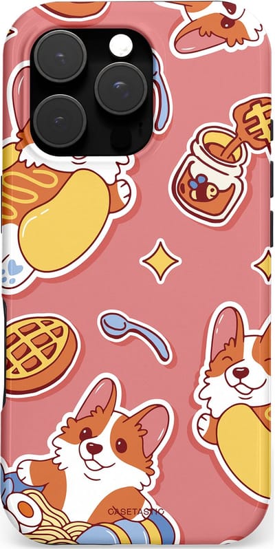 Casetastic hoesje geschikt voor Apple iPhone 16 Pro - MagSafe - Dubbellaagse bescherming - Corgi snacks - Fashion Case - Koraal Terracotta Lichtgrijs Goud