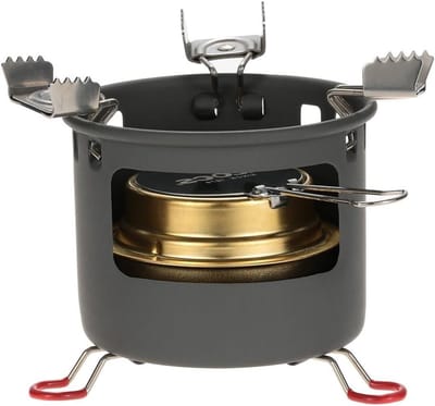 Camping en outdoor kookset met alcoholbrander en standaard, ideaal voor avontuurlijke maaltijden