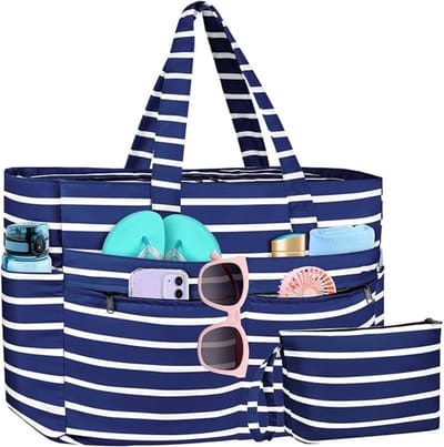 TIM® Strandtas Met Ritssluiting xl - Strandtas Met Rits - Grote Strandtas Waterdicht - Big Shopper - Strandtassen - Strand Tas – Reistas - Schoudertas - Blauw - 55cm x 20cm x 40cm