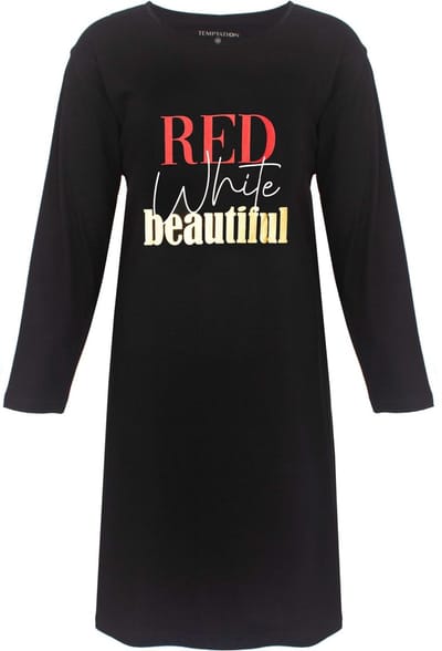 Temptation Dames Nachthemd - Bigshirt - RED White beautiful Print - Zwart - Maat S