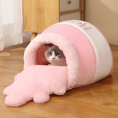 Maison Lit pour Chat Tapis en Peluche Amovible Chats Coussin Quatre Saisons Panier Forme Pot de Miel Lavable en Machine Accessoires pour Animaux de Compagnie rose