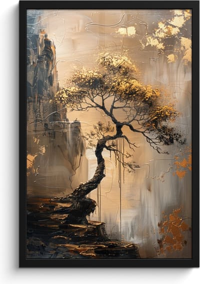 Poster in lijst - Fotolijst 40x60 cm - Posters - Boom - Goud - Landschap - Verf - Posterlijst zwart - Decoratie - Wanddecoratie woonkamer - Muurdecoratie slaapkamer