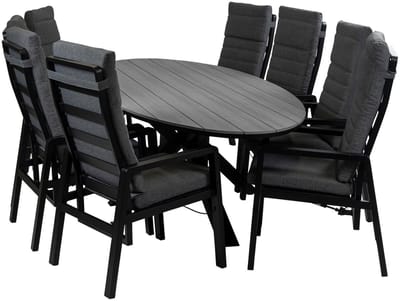 9-Delige tuinset | 8 Berlijn tuinstoelen (Black) | 280cm ovale Cyprus tuintafel (Grey)