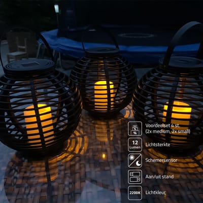 Solar buitenlamp - Lantaarn 'Basket' - Voordeelset van 4 stuks - 2x Small + 2x Medium - Tuinverlichting op zonne-energie - Zwart