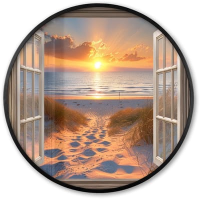 Poster in lijst Rond - Fotolijst 60x60 cm - Posters - Doorkijk - Strand - Duinen - Zonsondergang - Ronde posterlijst zwart - Decoratie - Wanddecoratie woonkamer - Muurdecoratie slaapkamer