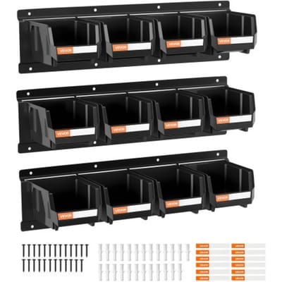 VEVOR wandgemonteerde stapelboxen, 137 x 105 x 75 mm (12 stuks) & 3 metalen rails, zichtbare opbergboxen voor schroeven, moeren, bouten, spijkers, gereedschapsorganizer voor werkplaats, hobbykamer, garage, zwart
