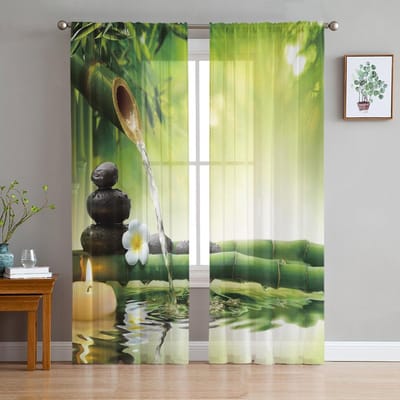Bamboe Zwaan Pijler Wateroppervlak Steen Gordijnen Tule Voor Woonkamer Slaapkamer Keuken Chiffon Pure Raambehandeling Decoraties 1 PCS W100XH250cm&Grommet Top beige