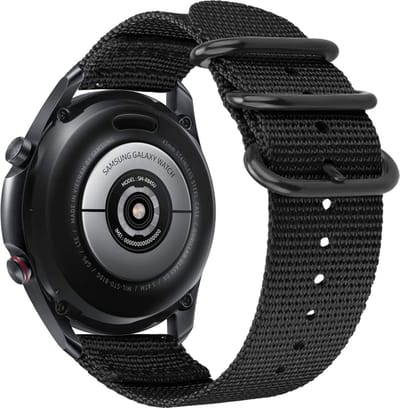 Strap-it Smartwatch bandje 20mm - nylon gesp band geschikt voor Samsung Galaxy Watch 1 42mm / Watch 3 41mm / Watch Active (2) / Watch FE / Gear Sport / Watch 4 (Classic) / Watch 5 (Pro) / Watch 6 (Classic) / Watch 7 (40 & 44mm) - zwart