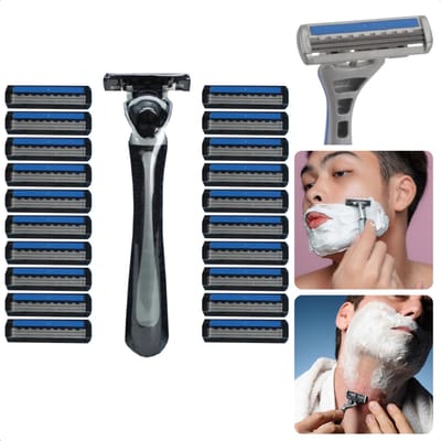 Scheermesjes voor Heren - Houder + 21 Mesjes - Scheermes - 3 Blades - Easy Grip Handvat - Roestvrijstaal - Voor Een Zachte Gladde Huid - Inclusief EBOOK